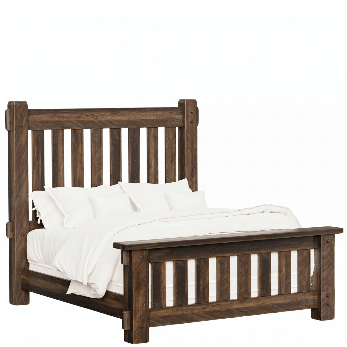 Mountain Roughsawn Slat Bed in dark rustic wood with white bedding