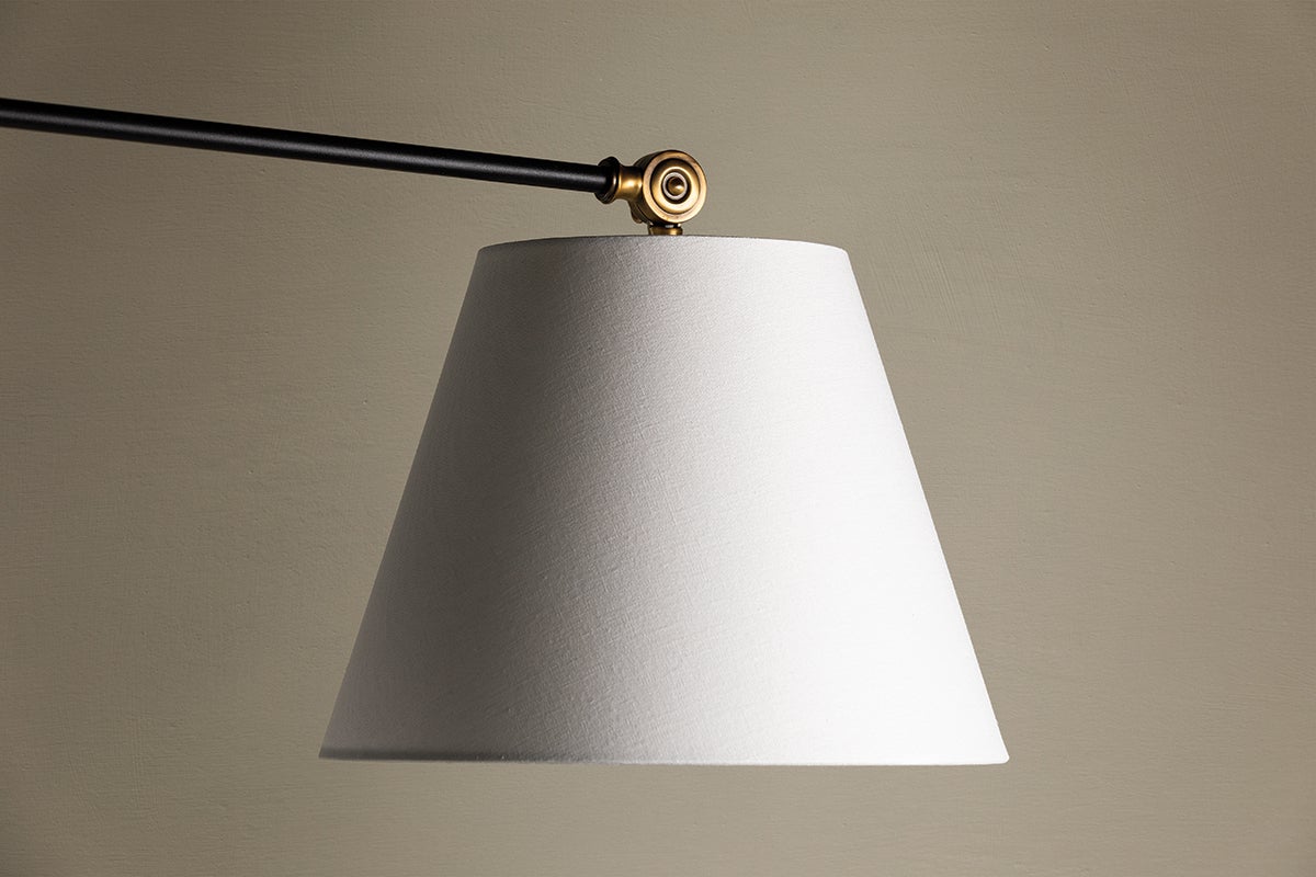 Navin Chandelier white linen tapered shade with black arm and patina brass joint