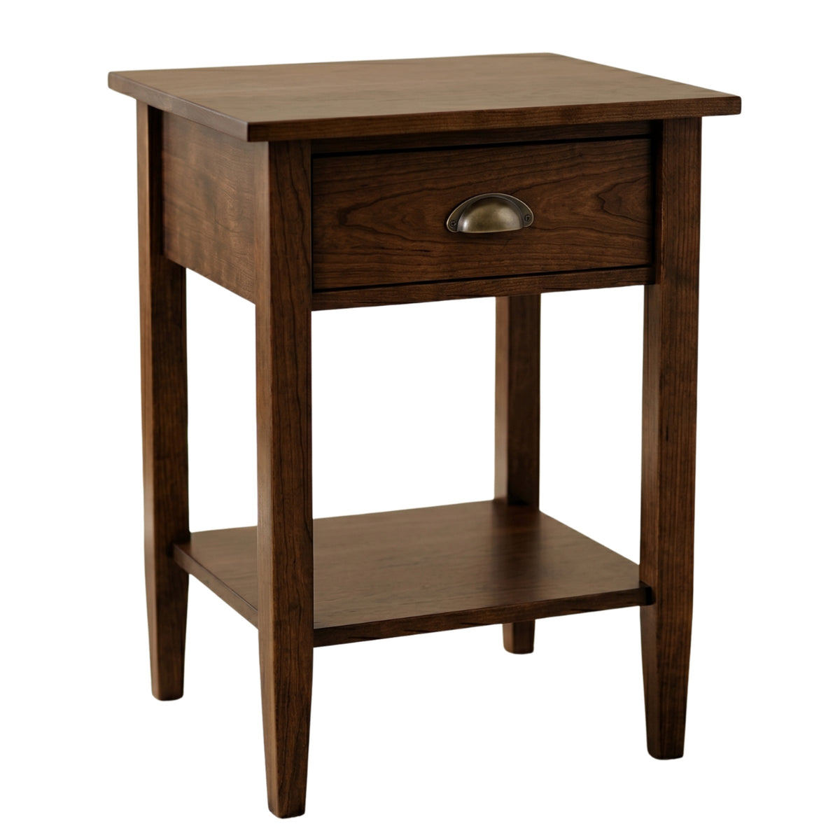 Nouvelle solid wood nightstand in a dark brown finish with one drawer and an open lower shelf.