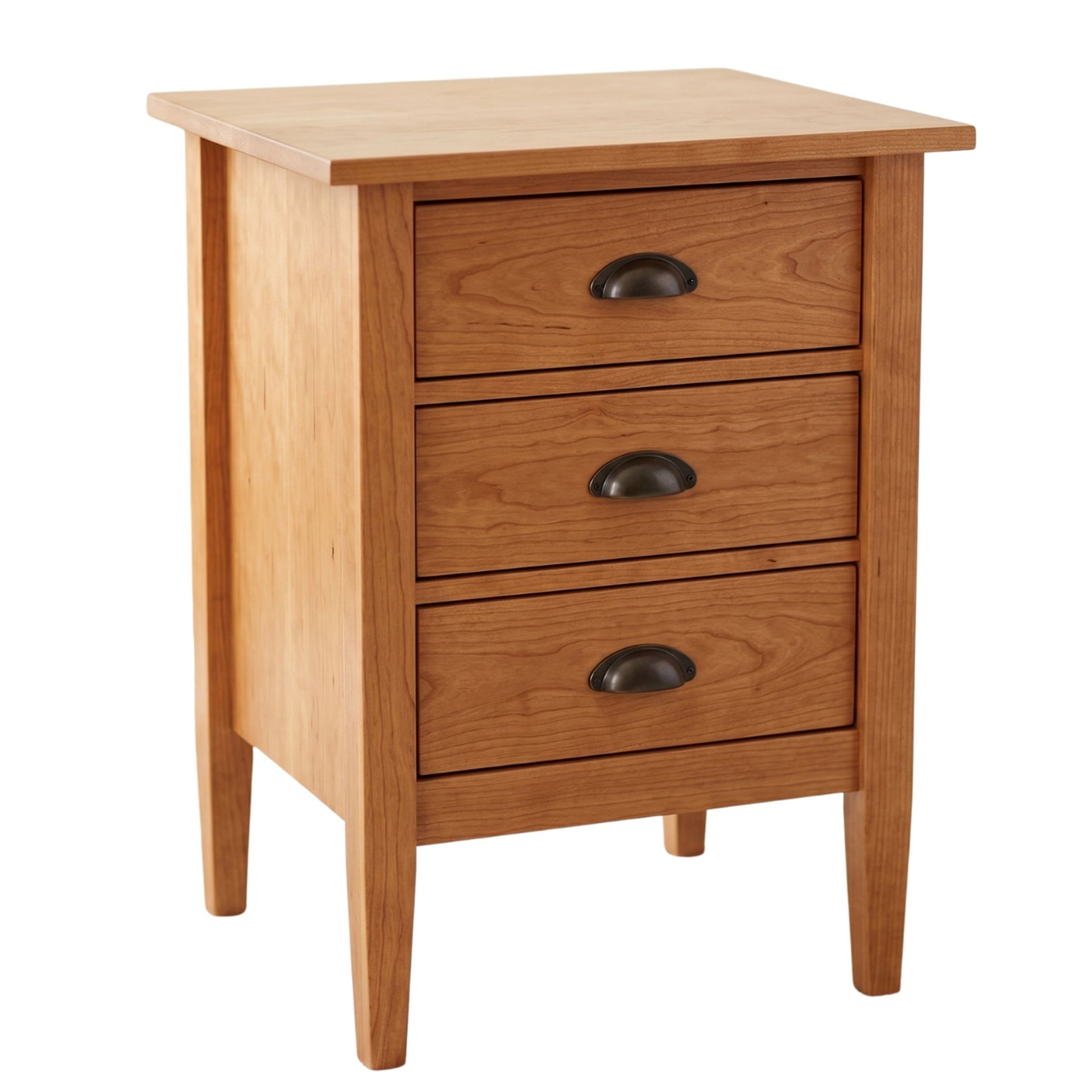 Nouvelle solid wood 3-drawer nightstand with a natural finish and dark cup pull hardware.