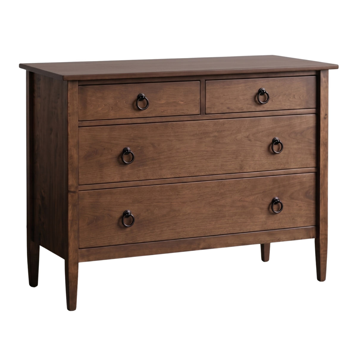 Nouvelle 4-drawer wooden dresser in a warm brown finish with classic ring hardware.
