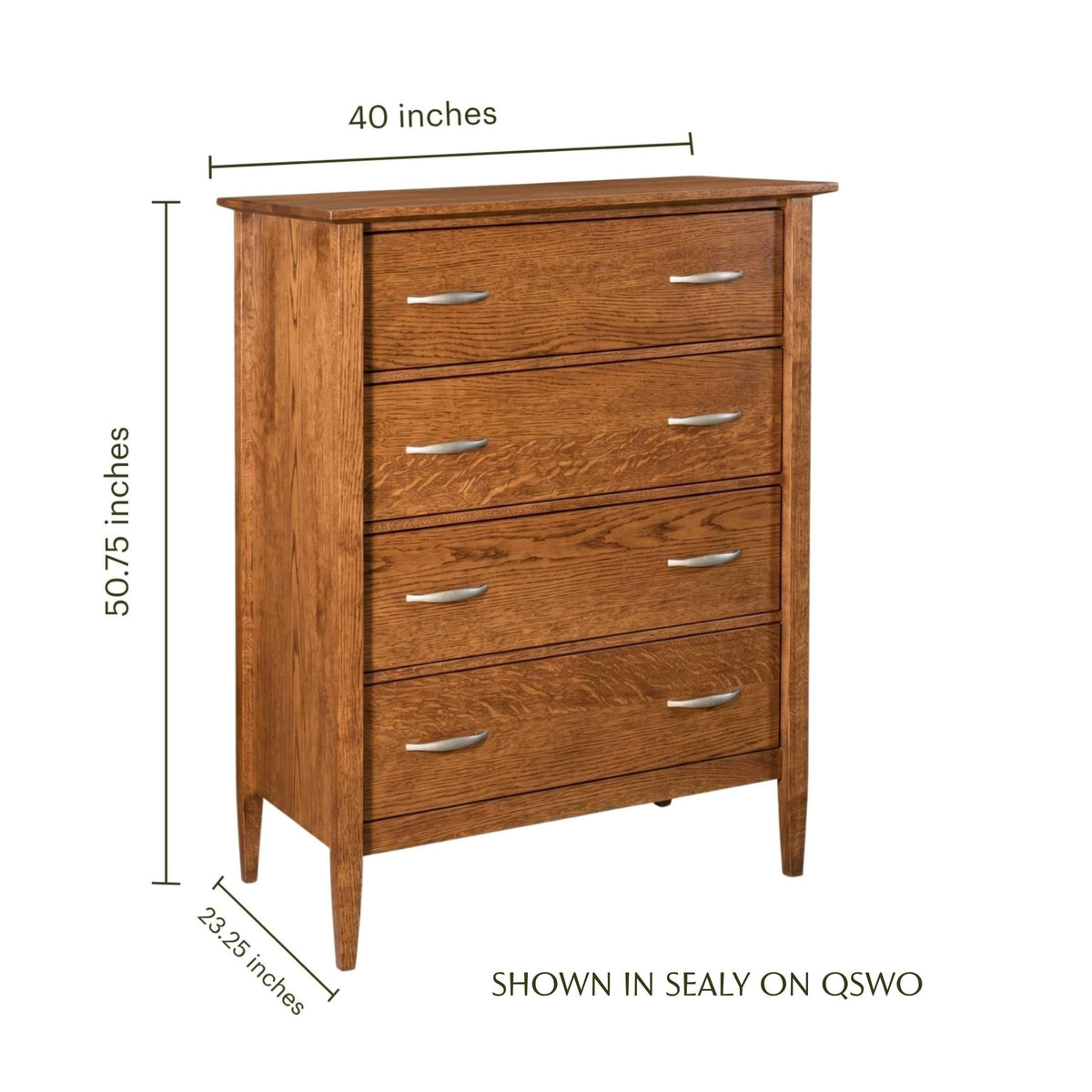 Nouvelle 4-drawer wooden chest in Sealy on QSWO with dimensions shown.