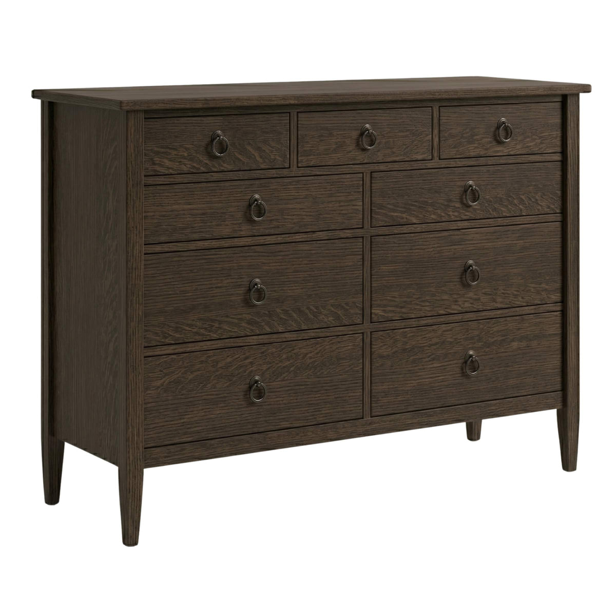 Nouvelle dark brown solid wood 9-drawer dresser with classic ring hardware.