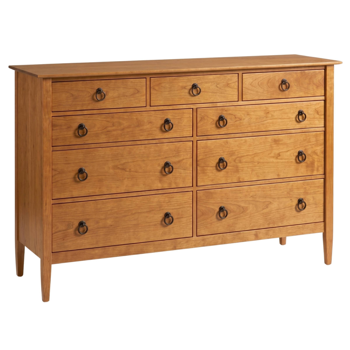 Nouvelle 9-drawer solid hardwood dresser in a warm honey finish with classic ring pull hardware.