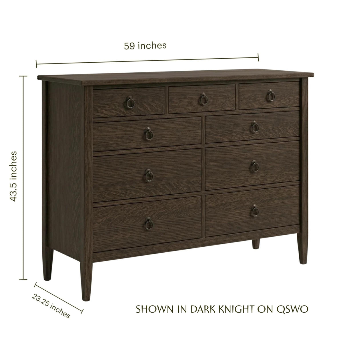 Nouvelle 9-drawer dark oak wood dresser with classic ring hardware and dimensions.