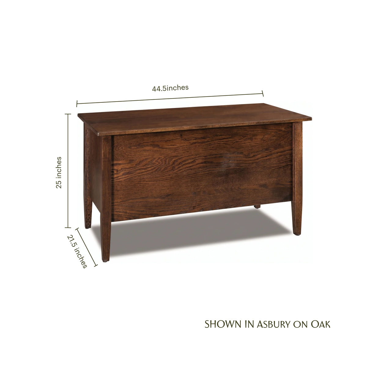 Nouvelle dark oak blanket chest with dimensions: 44.5" W x 21.5" D x 25" H