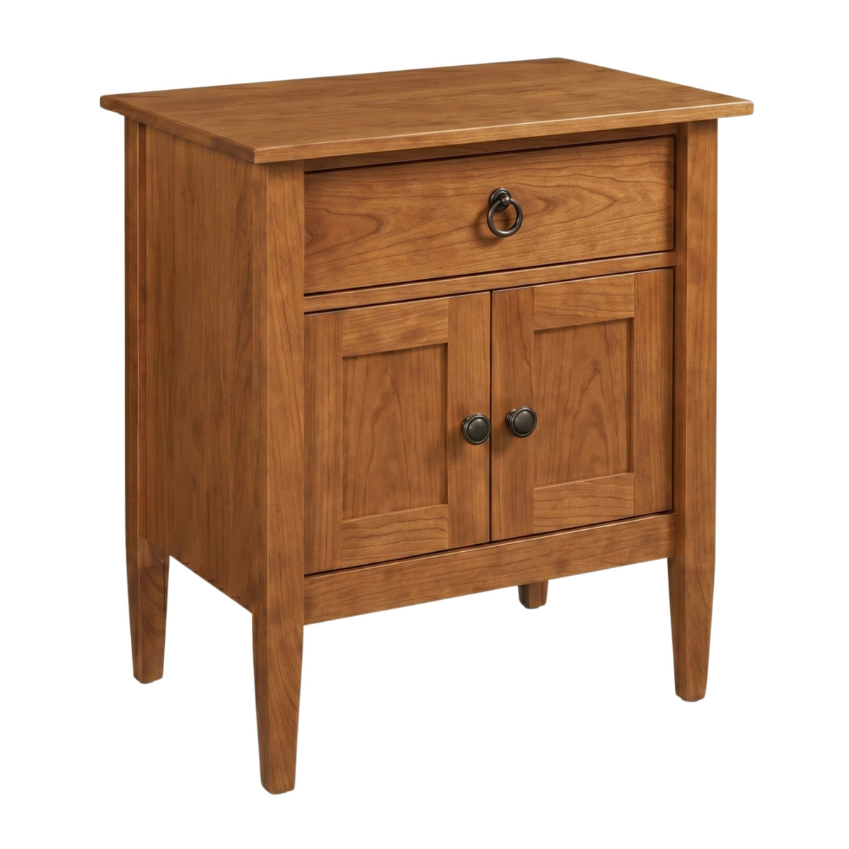 Nouvelle wide hardwood nightstand with one drawer and two doors in a warm brown finish.