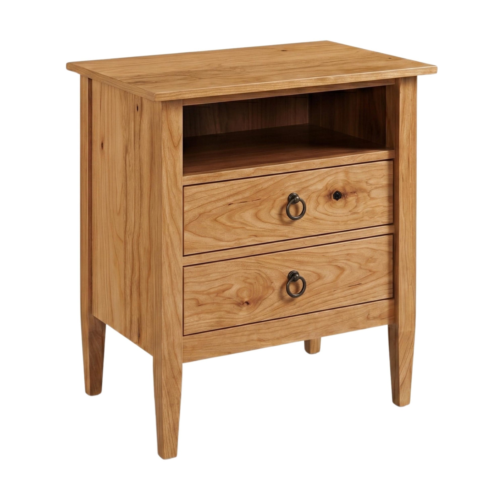 Nouvelle wide solid wood nightstand with two drawers, open shelf, and ring pulls.