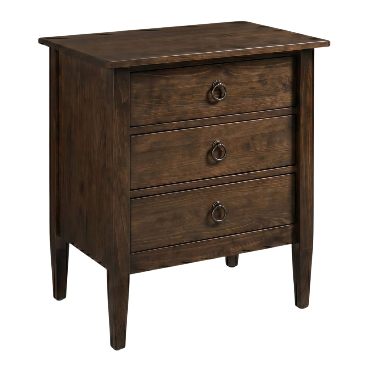 Nouvelle dark brown solid wood wide nightstand with three drawers and ring pulls.