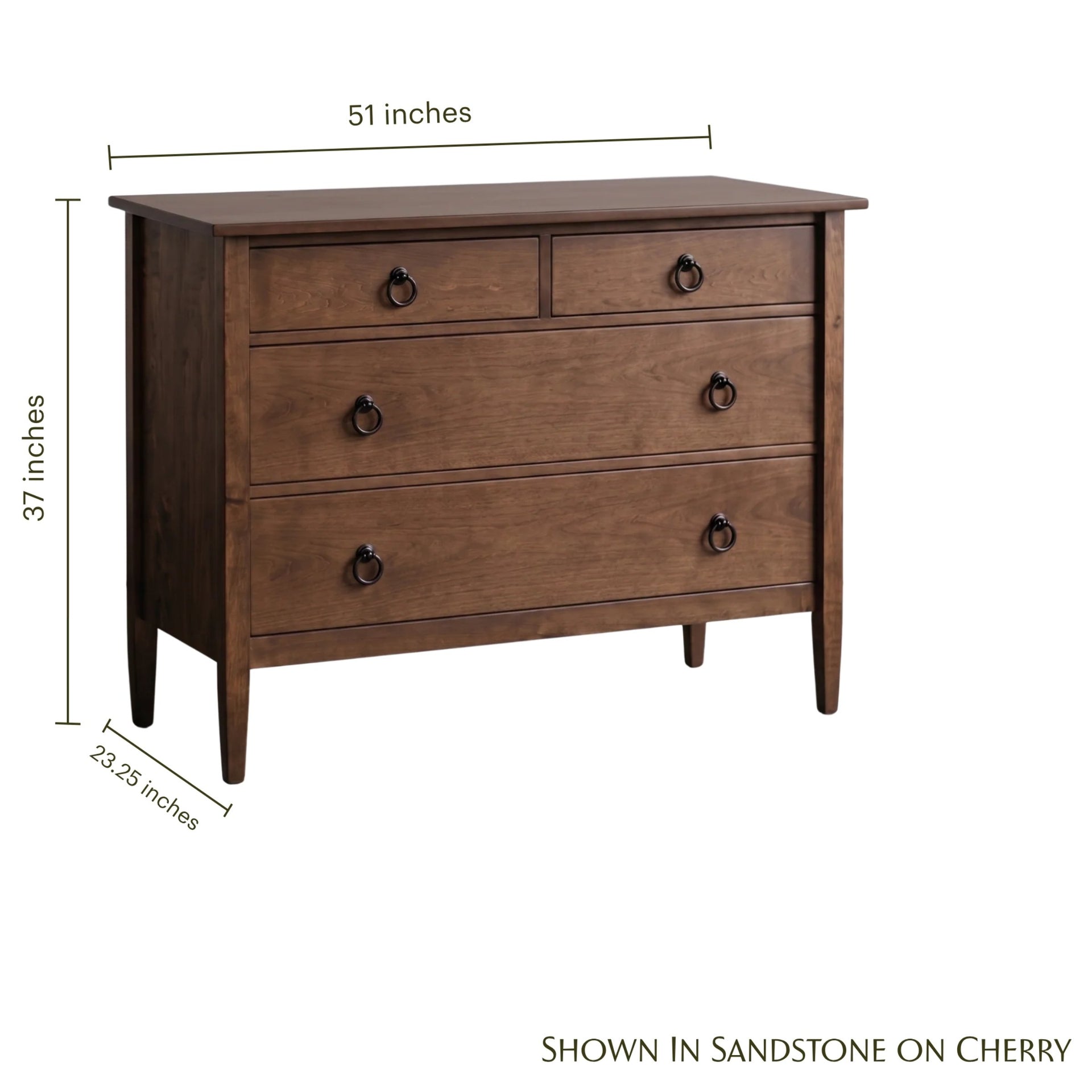 Nouvelle 4-drawer cherry wood dresser in sandstone finish with dimensions and ring hardware.