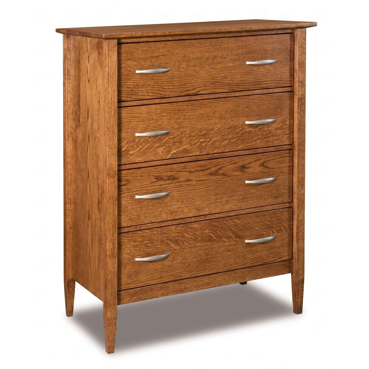 Nouvelle 4-drawer wooden chest in a warm oak finish with sleek silver metal handles.