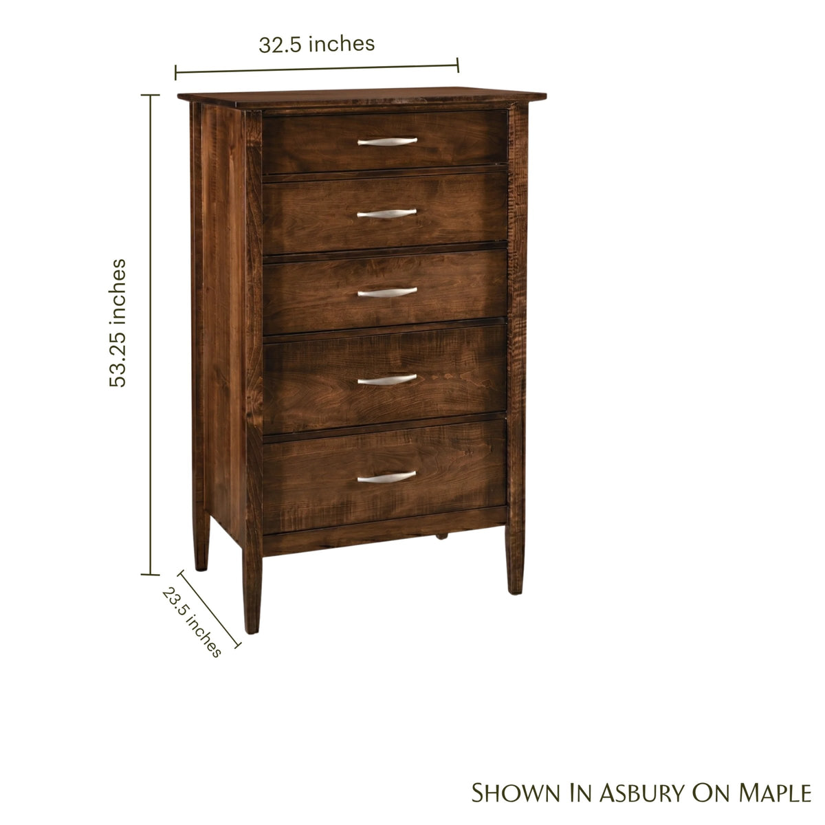Nouvelle 5-drawer chest in dark brown maple wood with silver handles and dimensions.