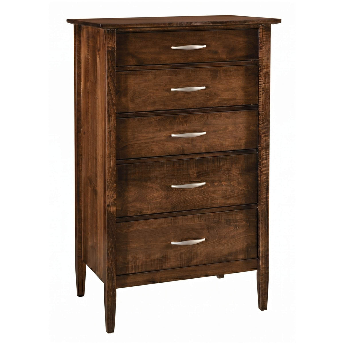 Nouvelle 5-drawer chest in dark brown wood with silver curved handles.
