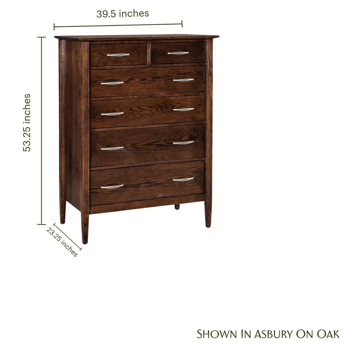Nouvelle 6-drawer chest in dark Asbury on oak wood with dimensions shown.
