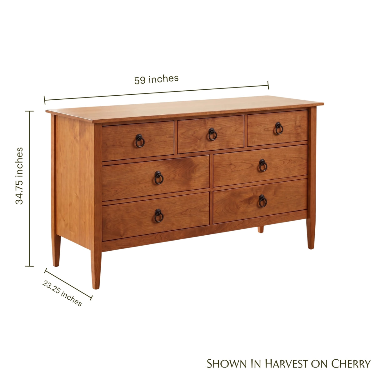 Nouvelle 7-drawer cherry wood dresser with classic ring hardware and dimensions.