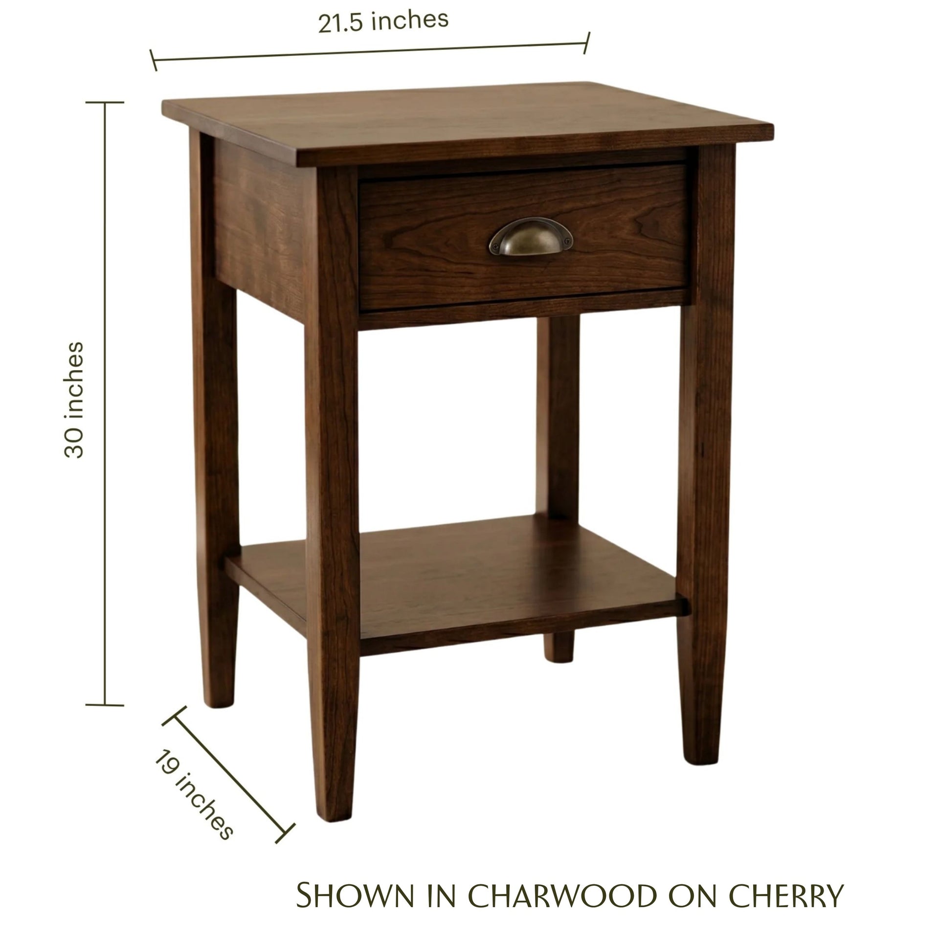 Nouvelle solid wood nightstand in charwood on cherry with dimensions shown.