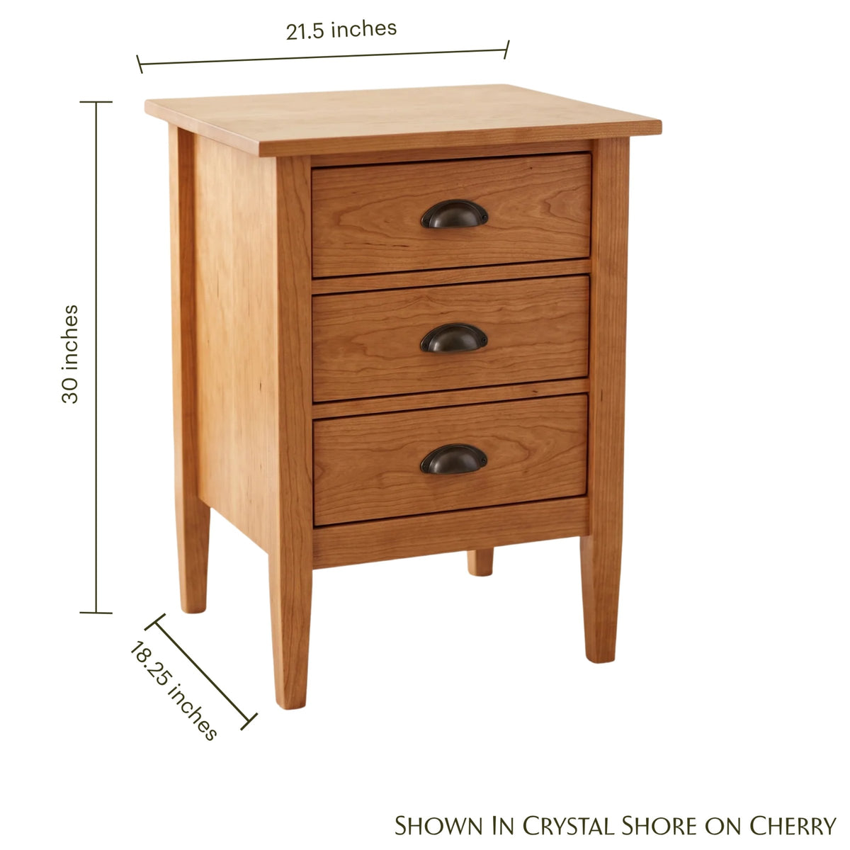 Nouvelle cherry wood nightstand with three drawers, cup pull hardware, and dimensions.