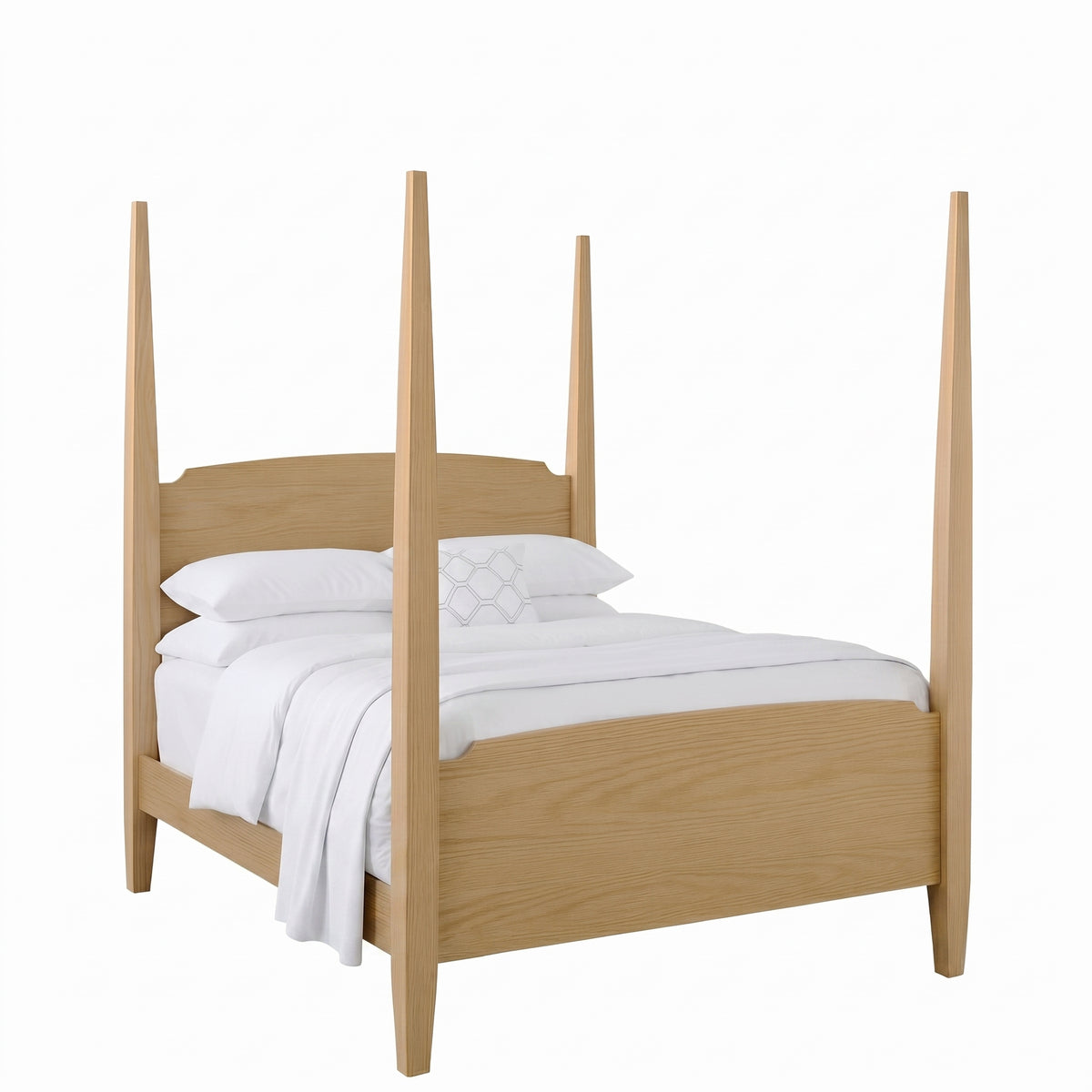 Nouvelle light oak four poster bed with white bedding and pillows.