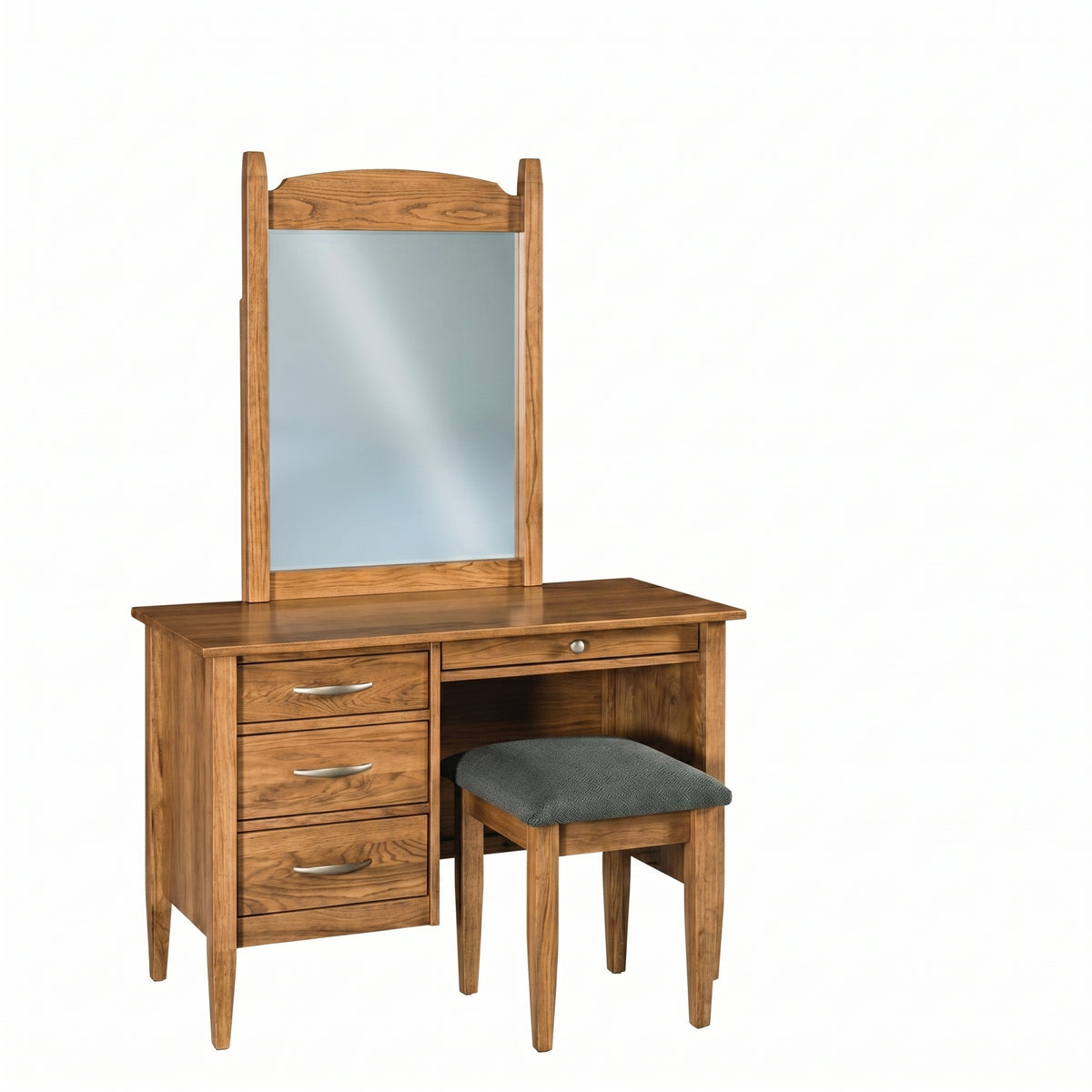 Nouvelle wooden vanity set with mirror, three drawers, and a grey cushioned stool.