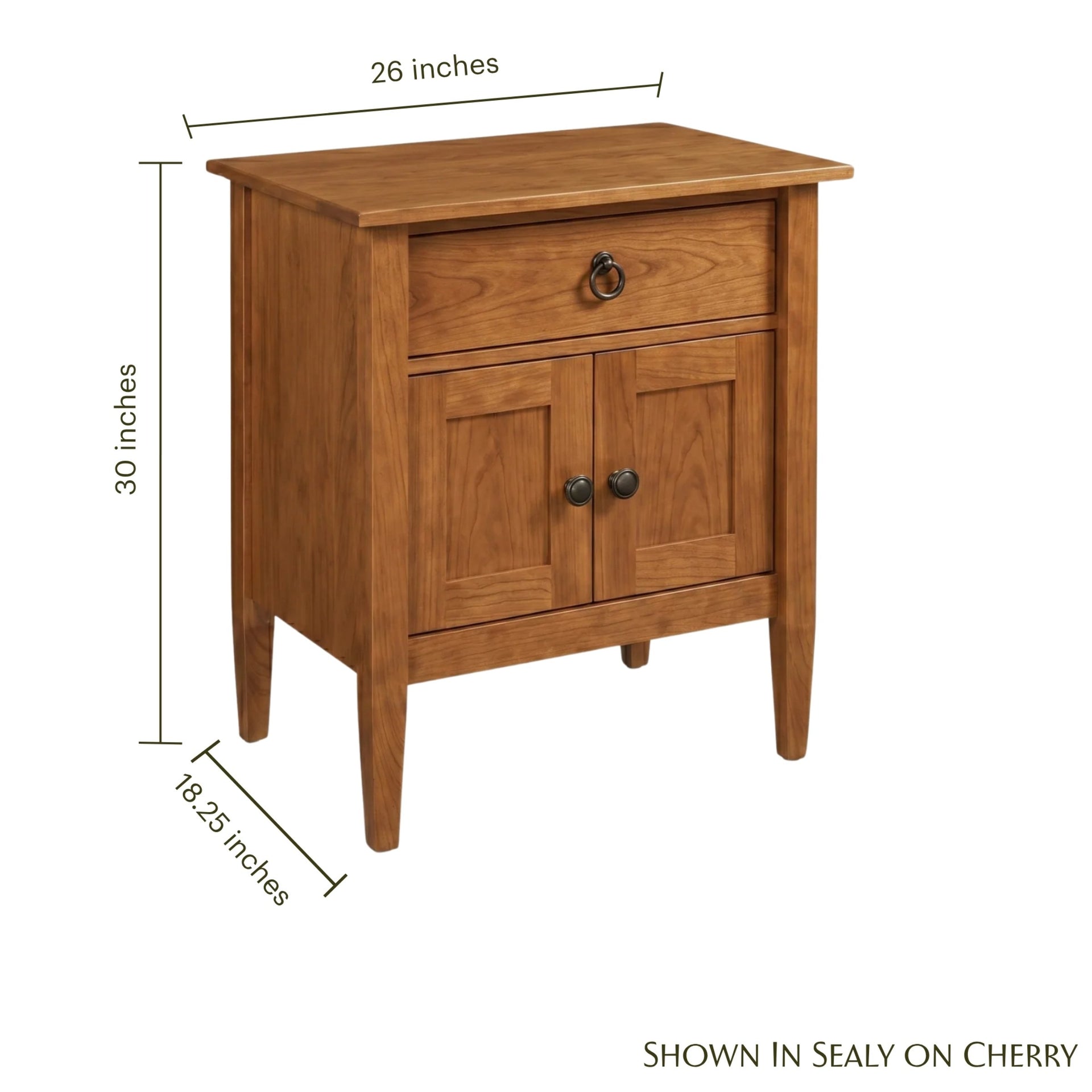 Nouvelle cherry wood nightstand with dimensions, drawer, and double doors.
