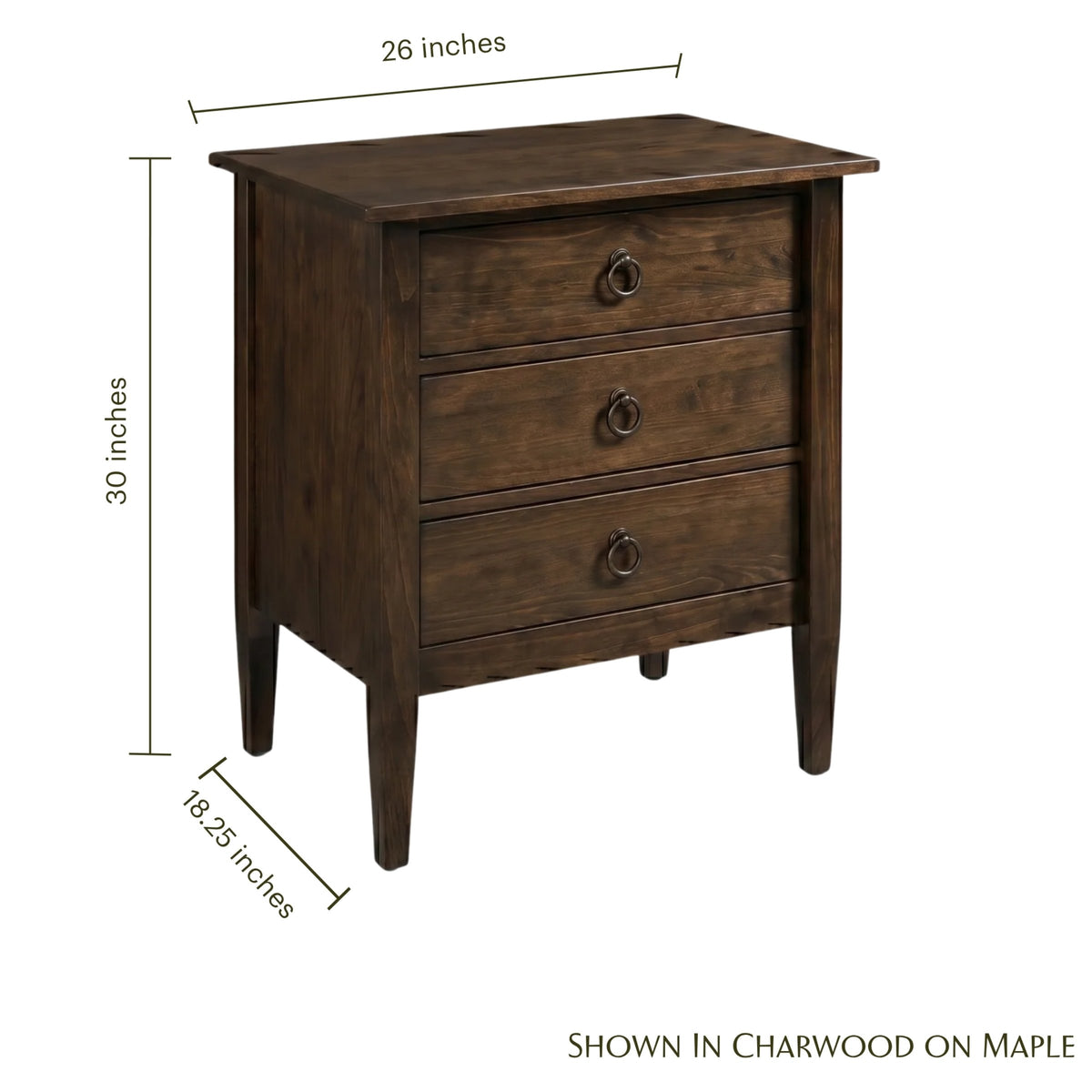 Nouvelle dark brown solid wood 3-drawer nightstand with dimensions shown
