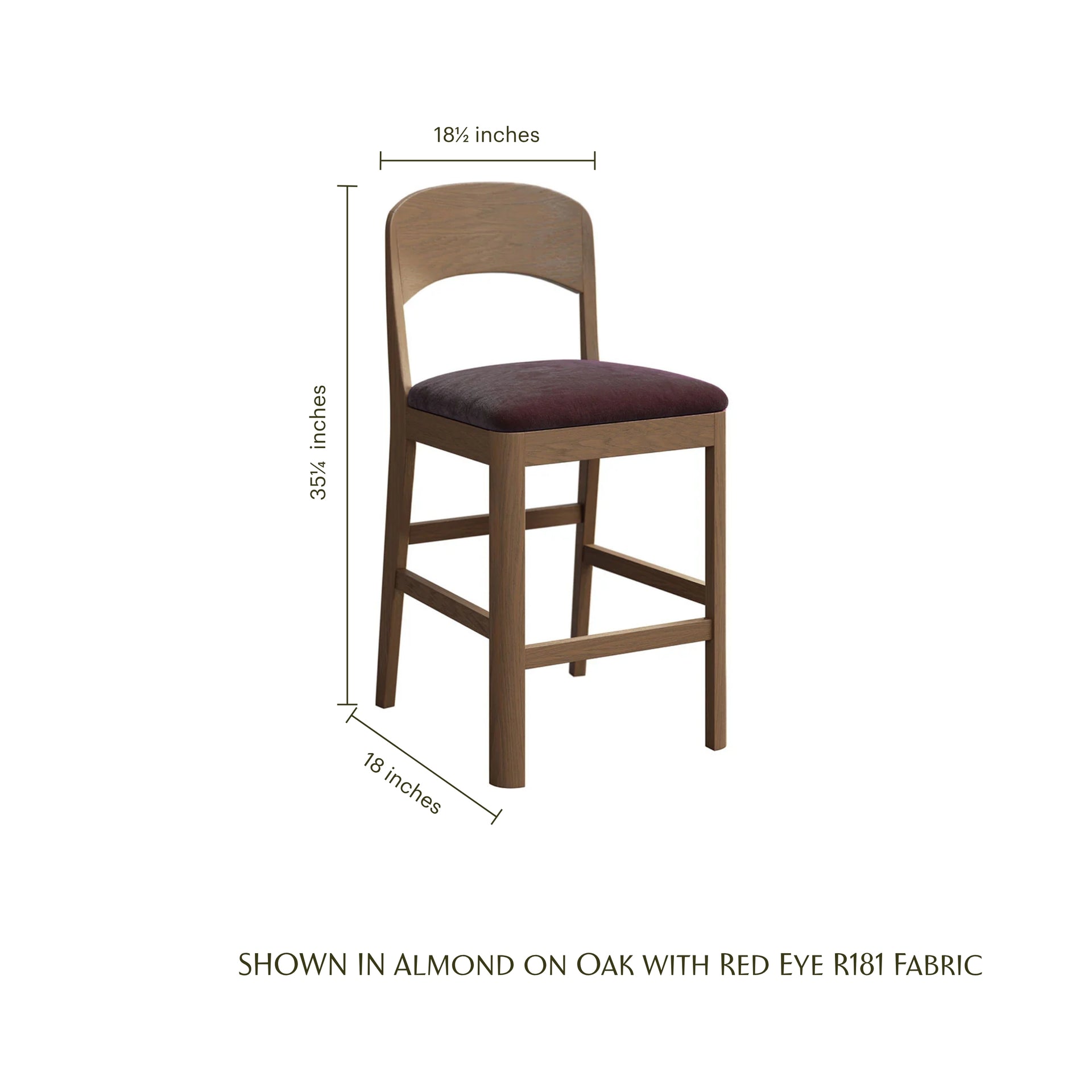 Nova Bar Chair in almond on oak wood with red eye fabric seat and dimensions shown