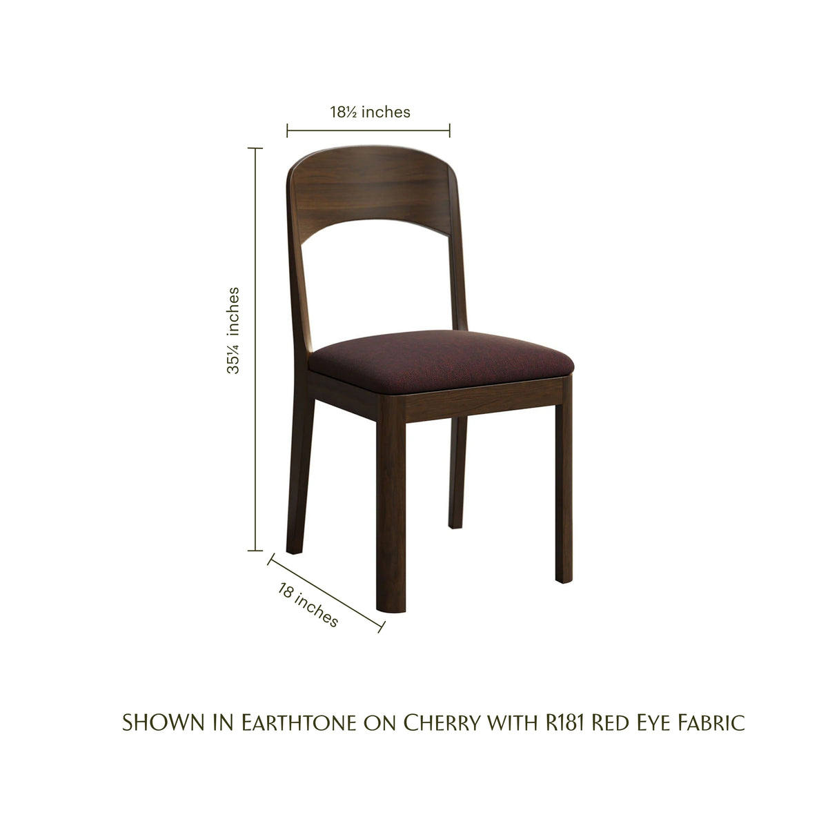 Nova Side Chair in Earthtone cherry wood with a red fabric seat and dimensions.