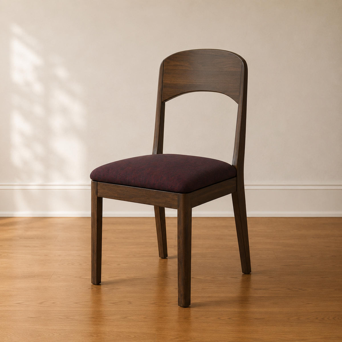 Nova Side Chair in dark solid wood with a burgundy upholstered seat cushion.