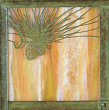 Evergreen Filigree Wall Mount with verdigris patina frame and gold white iridescent glass.