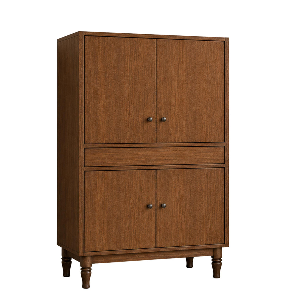 Oakland Wine Bar in a rich brown wood finish with four cabinet doors and turned legs.