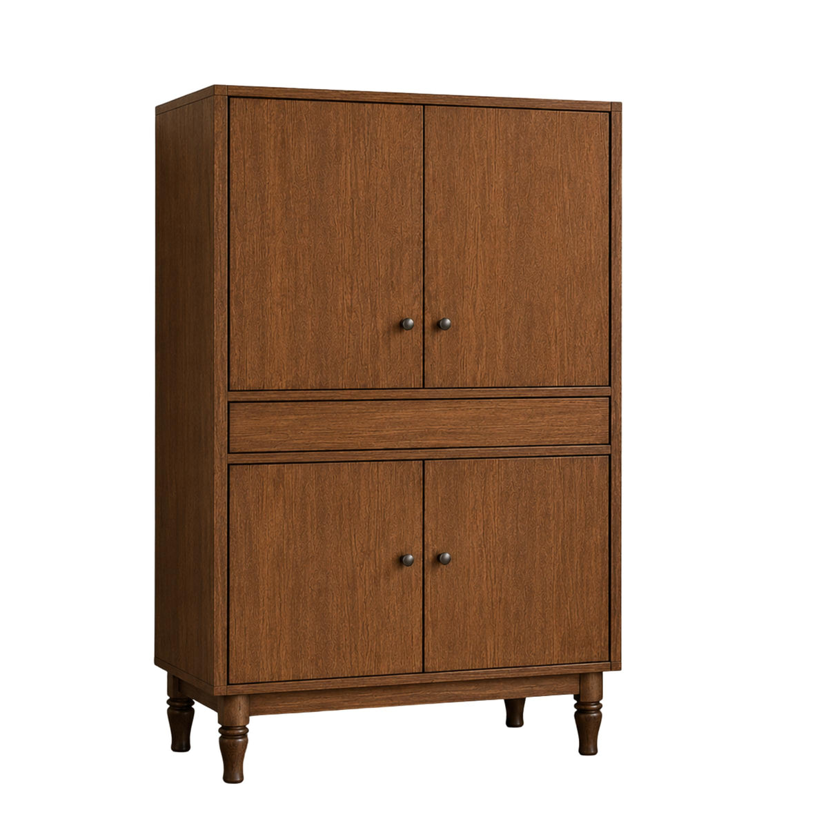 Oakland Wine Bar in a rich brown wood finish with four cabinet doors and turned legs.