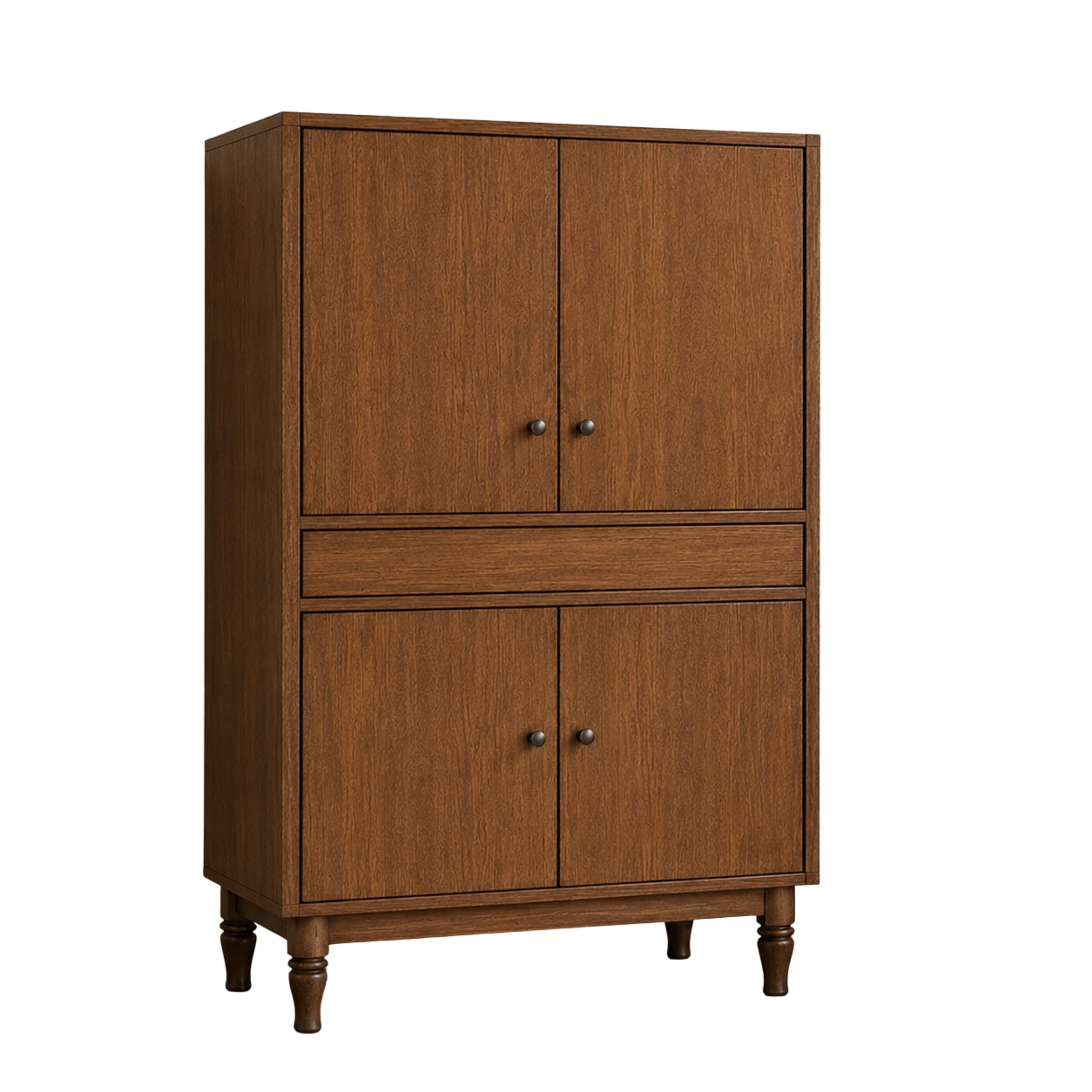 Oakland Wine Bar in a rich brown wood finish with four cabinet doors and turned legs.