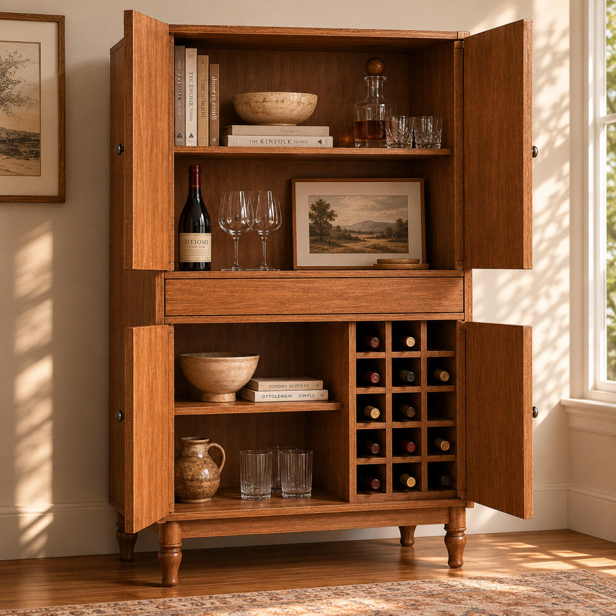 Oakland wooden wine bar cabinet with open doors, shelves, and built-in wine rack.