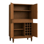 Oakland wooden wine bar cabinet with open doors, shelves, and built-in bottle rack.