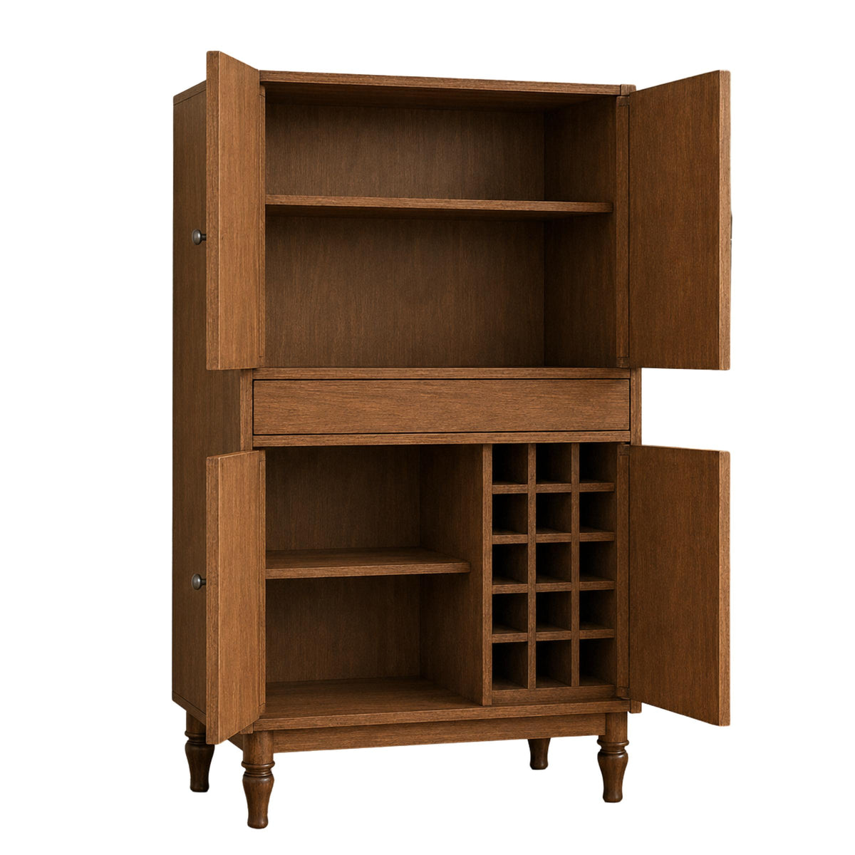 Oakland wooden wine bar cabinet with open doors, shelves, and built-in bottle rack.