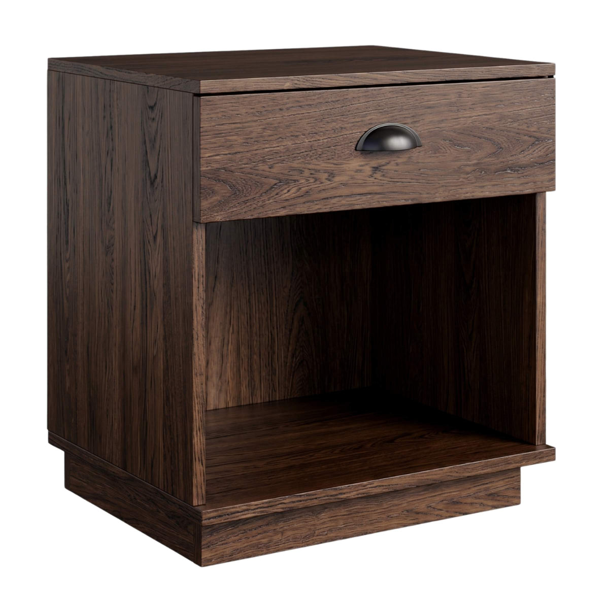 Oakley midcentury dark brown hardwood nightstand with one drawer and open shelf.