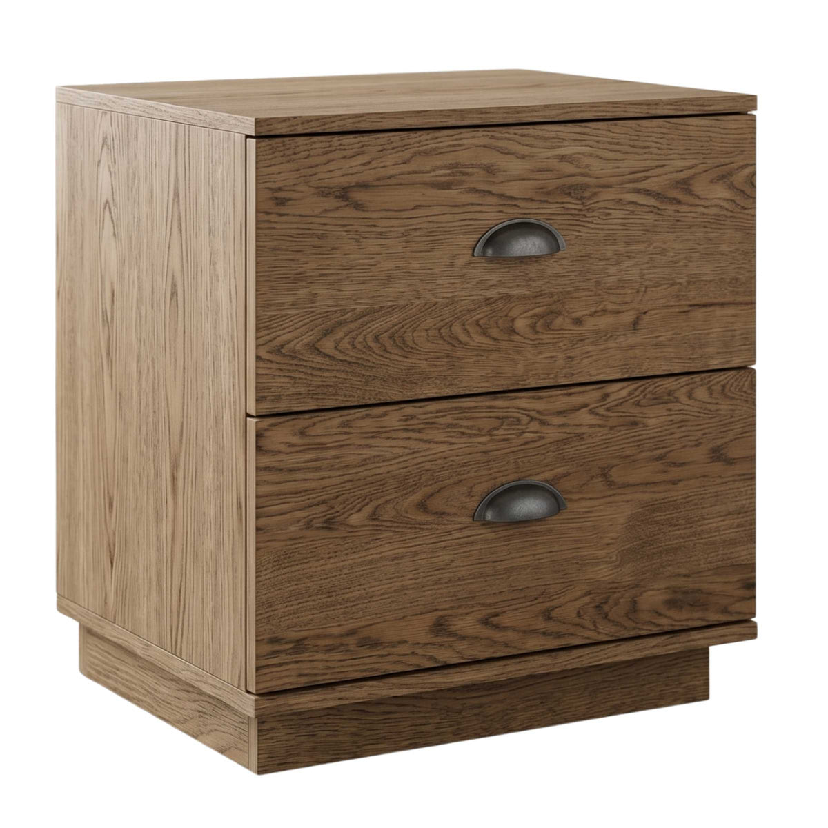 Oakley 2-drawer nightstand in grey elm wood with metal cup pulls.