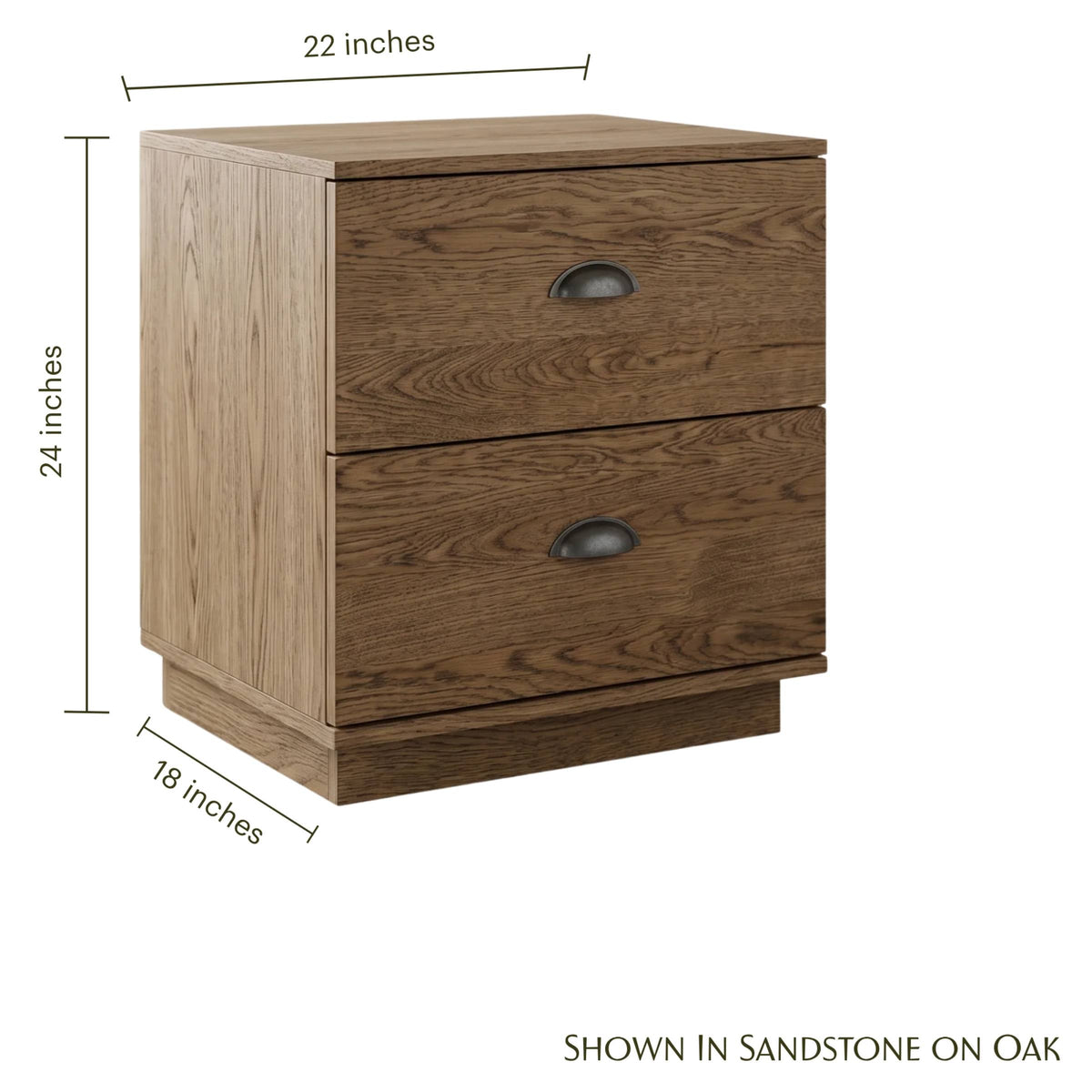 Oakley 2-drawer oak nightstand in sandstone finish with dimensions.