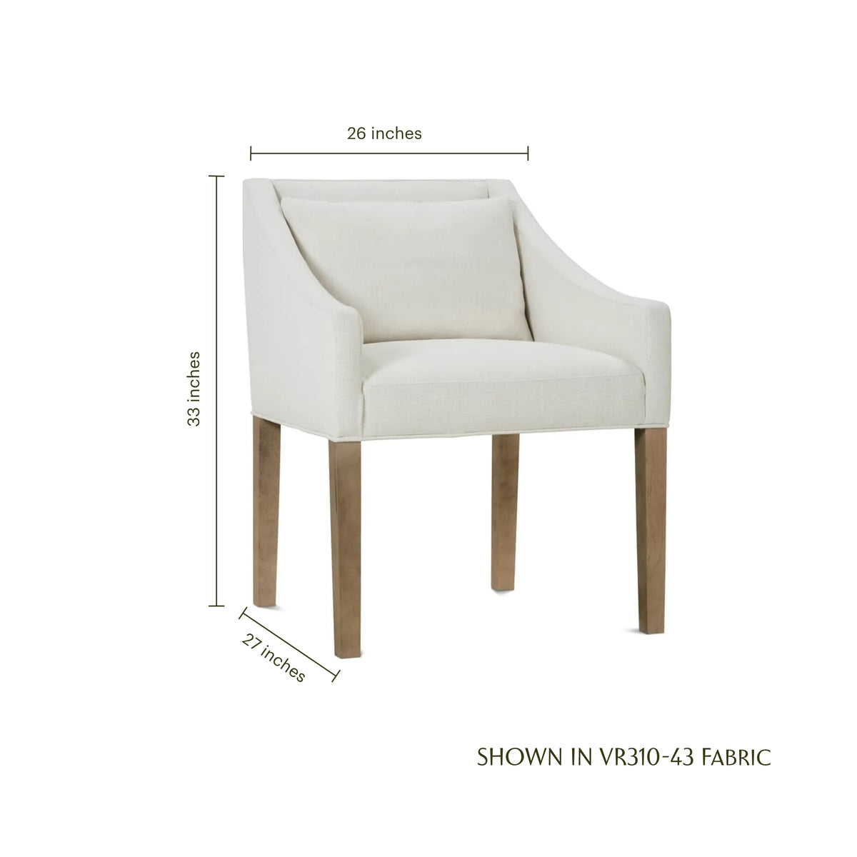 Odessa white fabric dining arm chair with washed oak legs and dimensions shown.