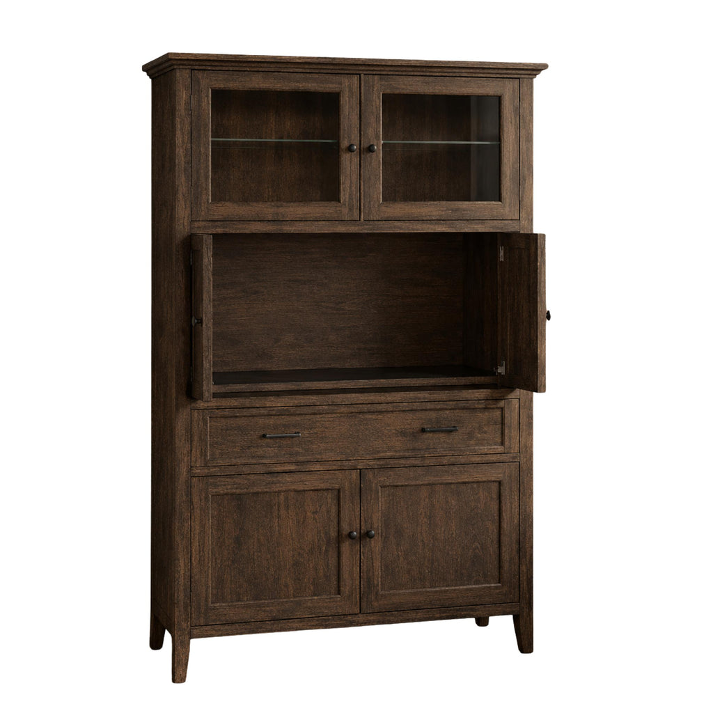 Overton dark brown wood coffee bar cabinet with open hutch doors and glass cabinets.