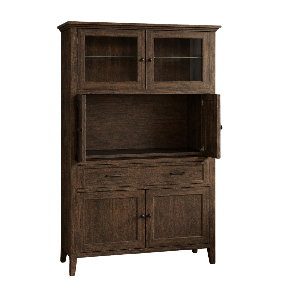 Overton dark brown wood coffee bar cabinet with open hutch doors and glass cabinets.