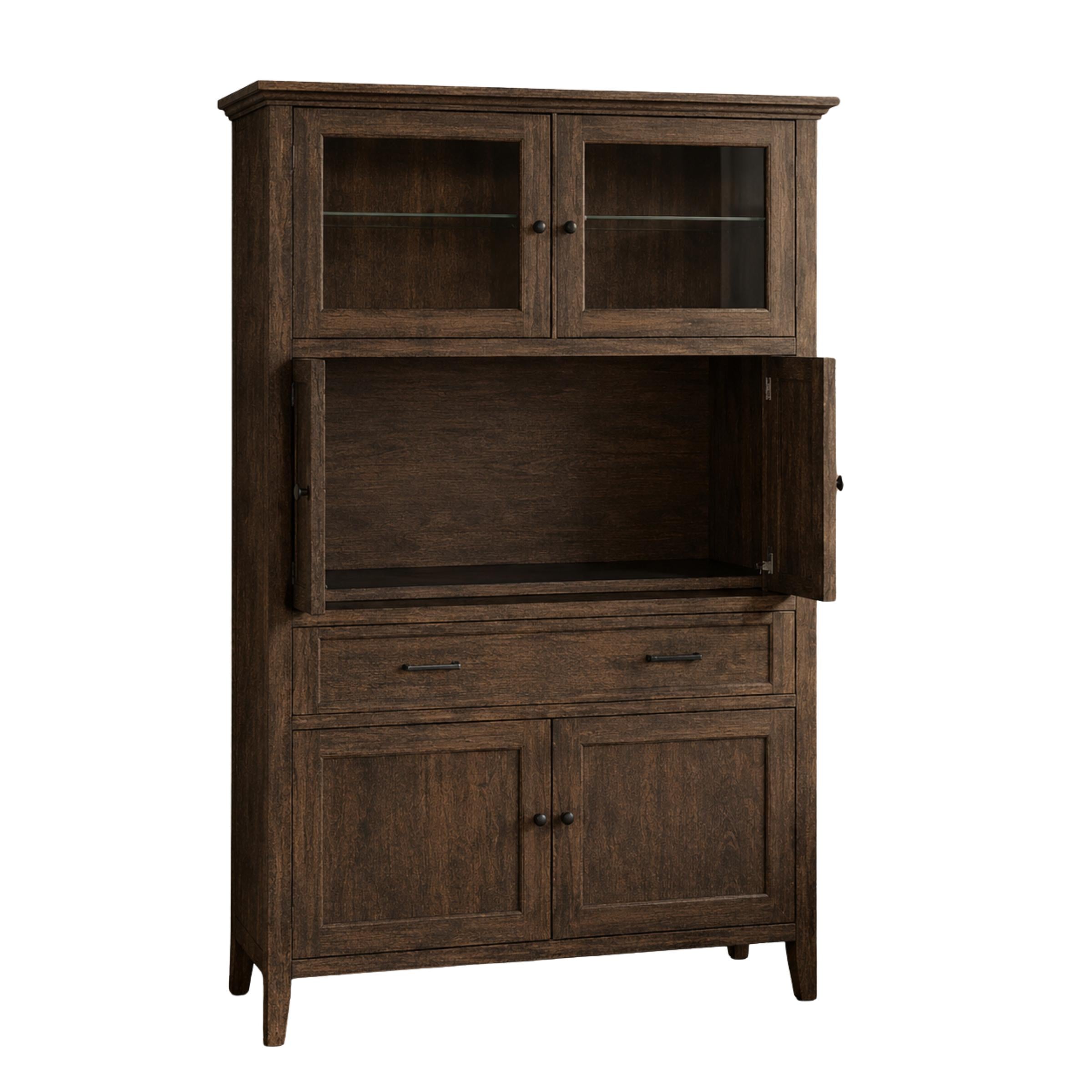 Overton dark brown wood coffee bar cabinet with open hutch doors and glass cabinets.