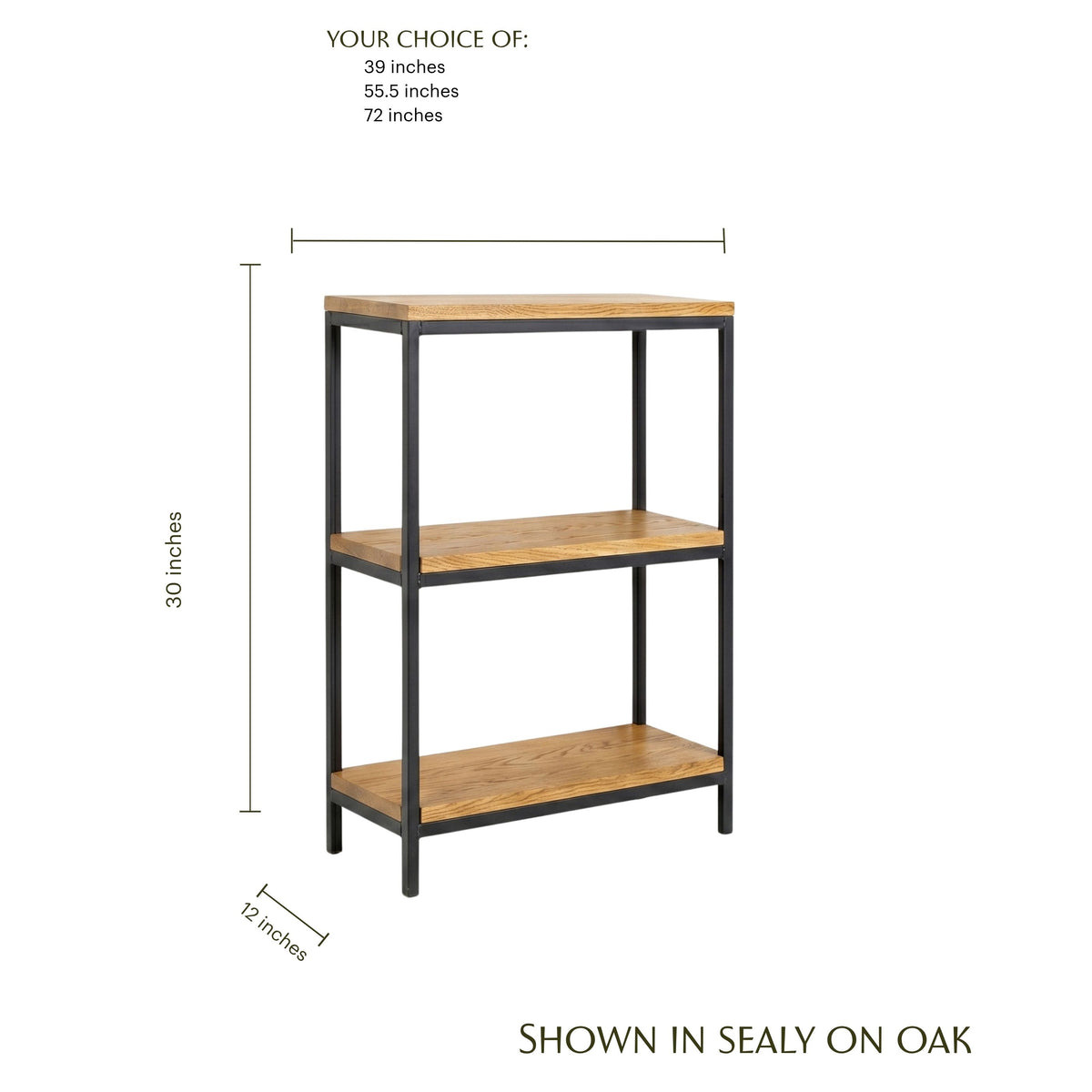 Omni Bookcase in Sealy on Oak with black metal frame and dimensions.