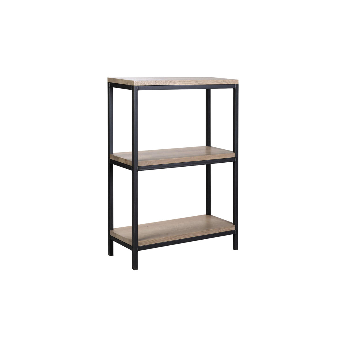 Omni Deep Bookcase with three natural wood shelves and a black metal frame.