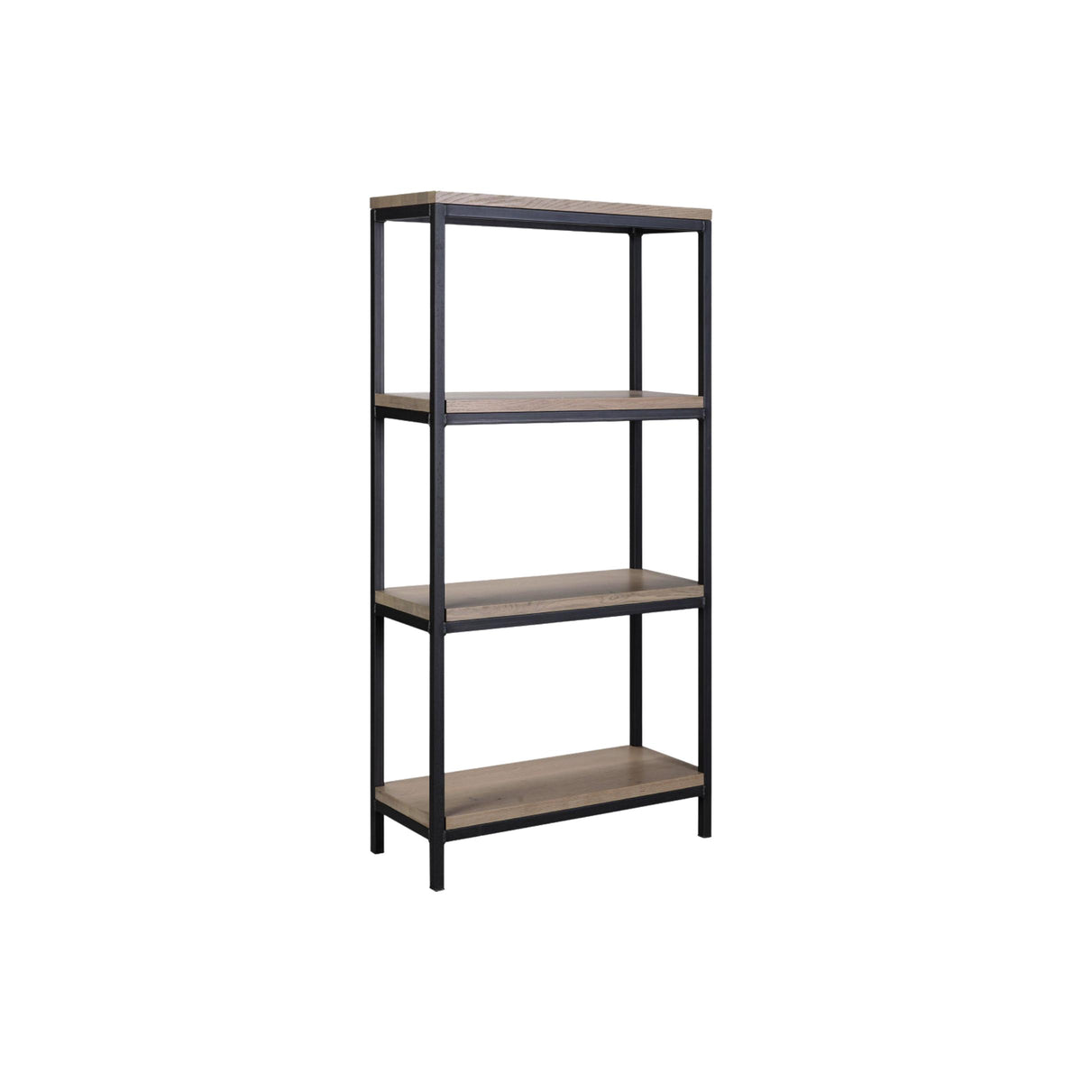 Omni Deep Bookcase with four light wood shelves and a black metal frame.