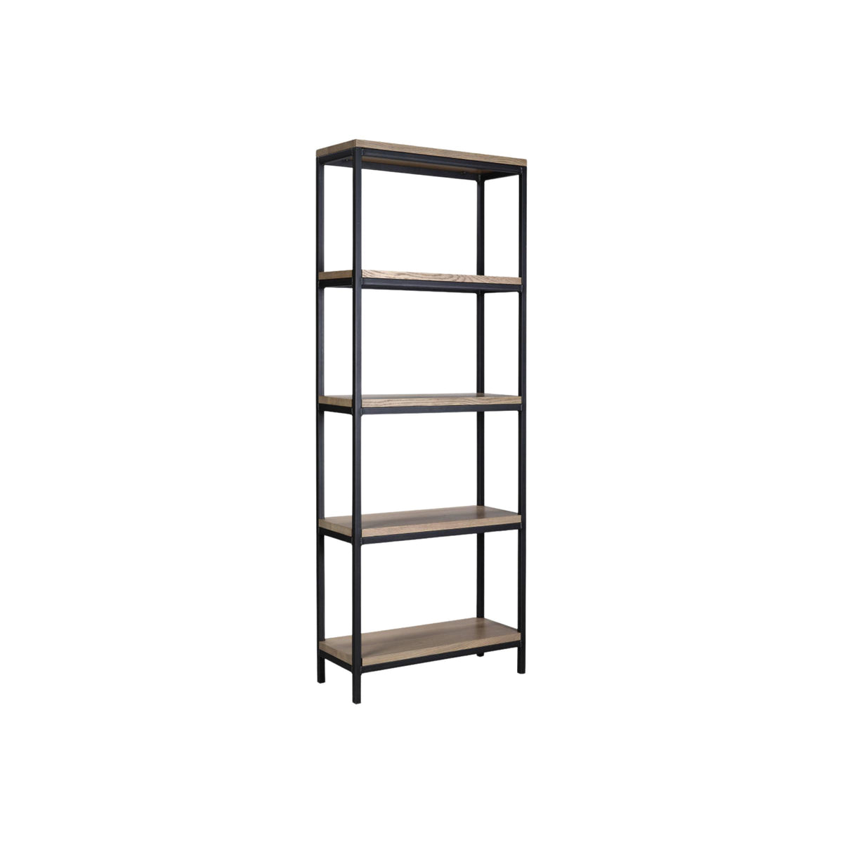 Omni Deep Bookcase with a black metal frame and five light wood shelves.