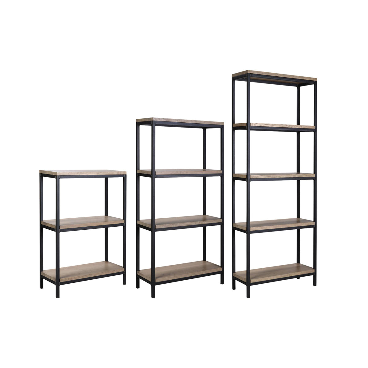 Omni Bookcase in three heights with black metal frames and light wood shelves.