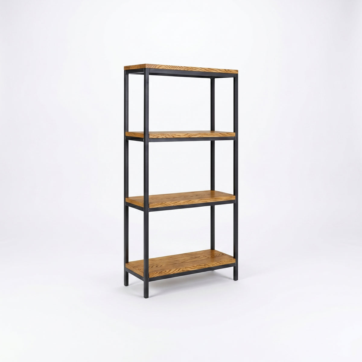 Omni Bookcase with four natural wood shelves and a black metal frame.