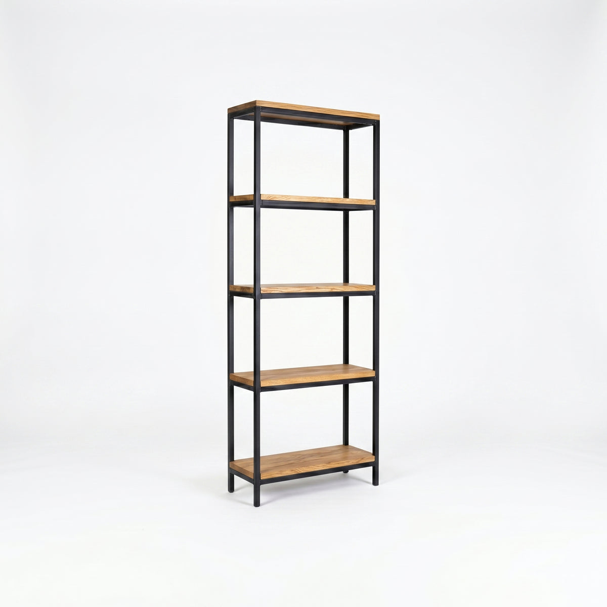 Omni Bookcase with five natural wood shelves and a slim black metal frame on a white background.