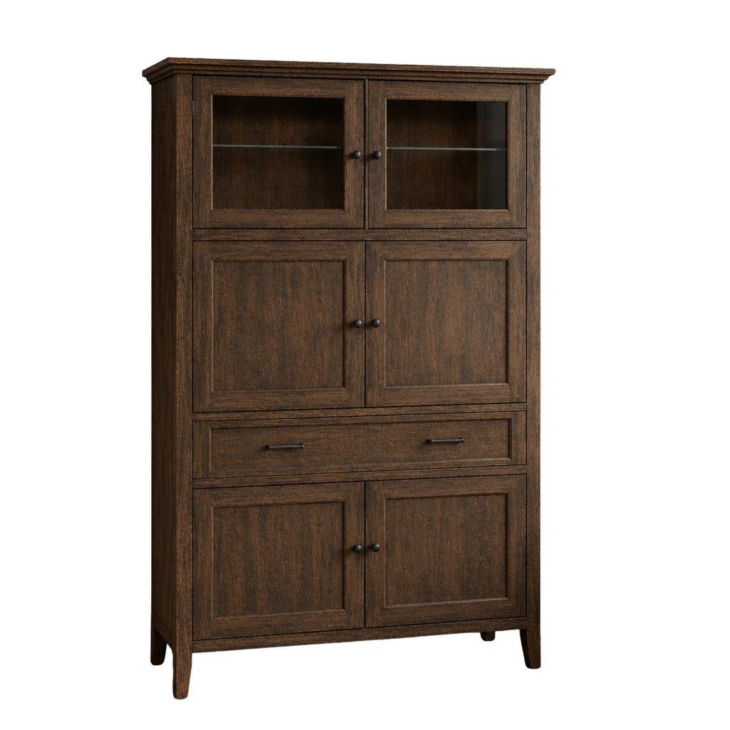 Overton dark brown wood coffee bar cabinet with glass doors and drawers